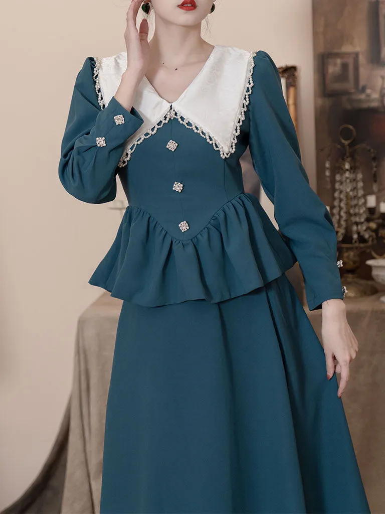 Lake Blue 1950S Long Sleeve Vintage Skirt Suits For Women