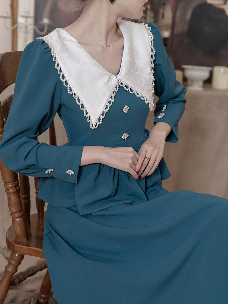 Lake Blue 1950S Long Sleeve Vintage Skirt Suits For Women