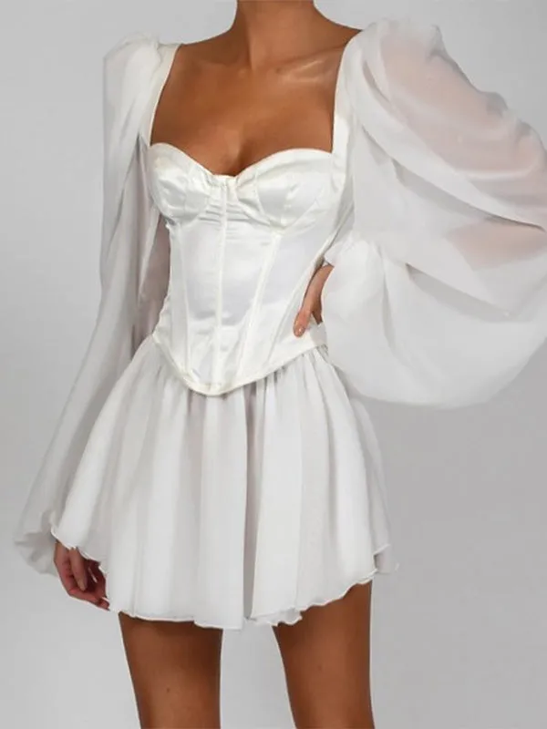 Lantern Sleeve Chiffon Mini Dress