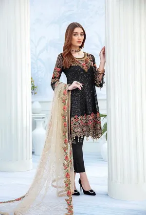Latest embroidered chiffon dress 2020 in black and skin color # P2514