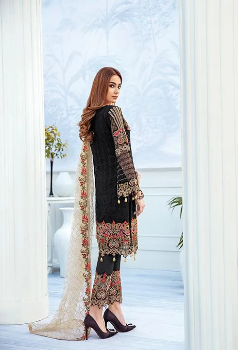 Latest embroidered chiffon dress 2020 in black and skin color # P2514