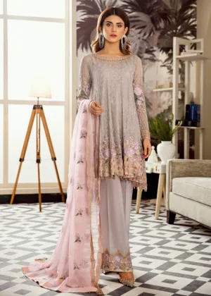 Latest Pakistani embroidered chiffon dress in grey and pink color # P2422