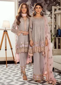 Latest Pakistani embroidered chiffon dress in grey and pink color # P2422