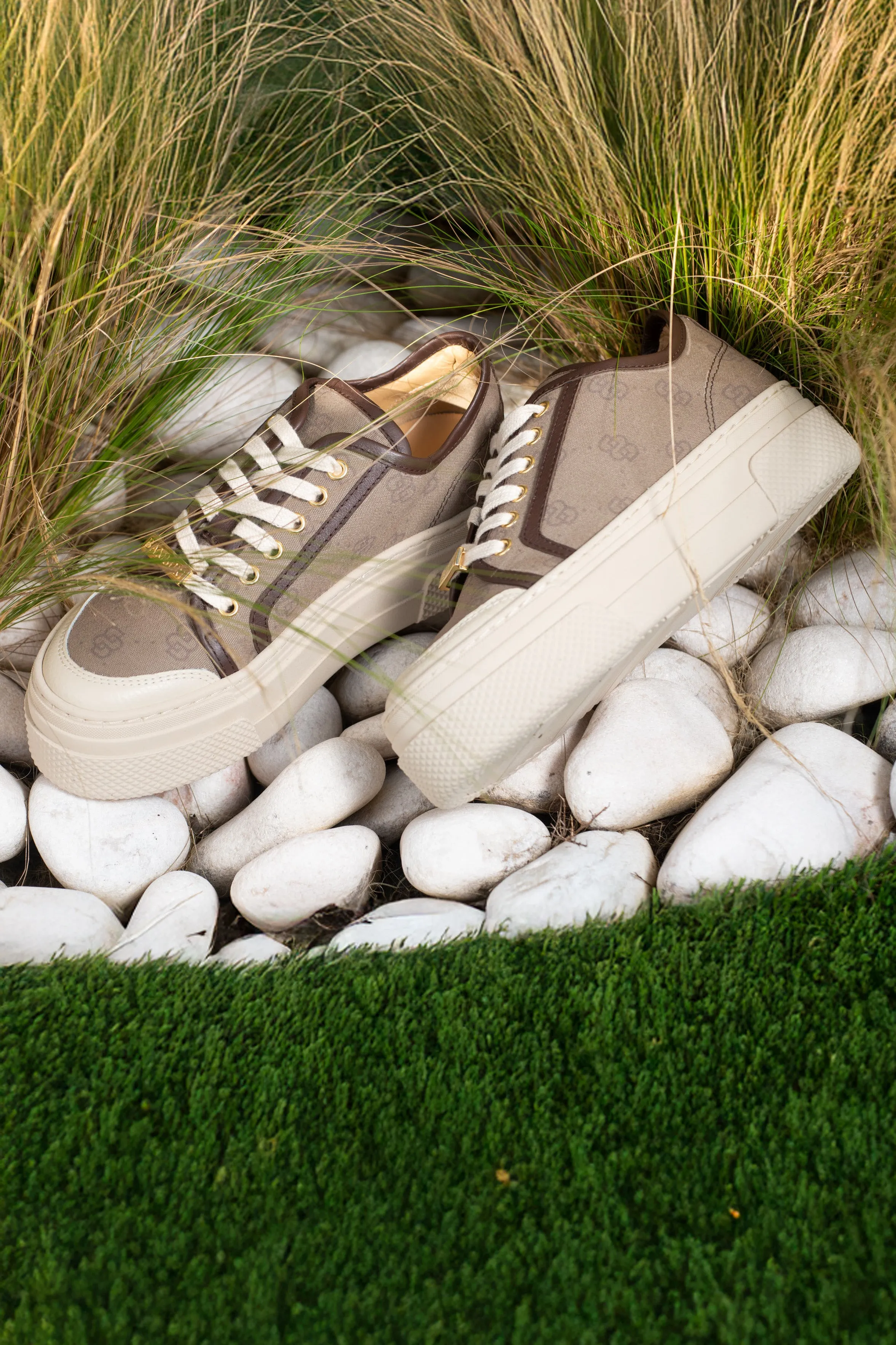 Leather and Fabric Sneakers with Monogram and Platform Sole