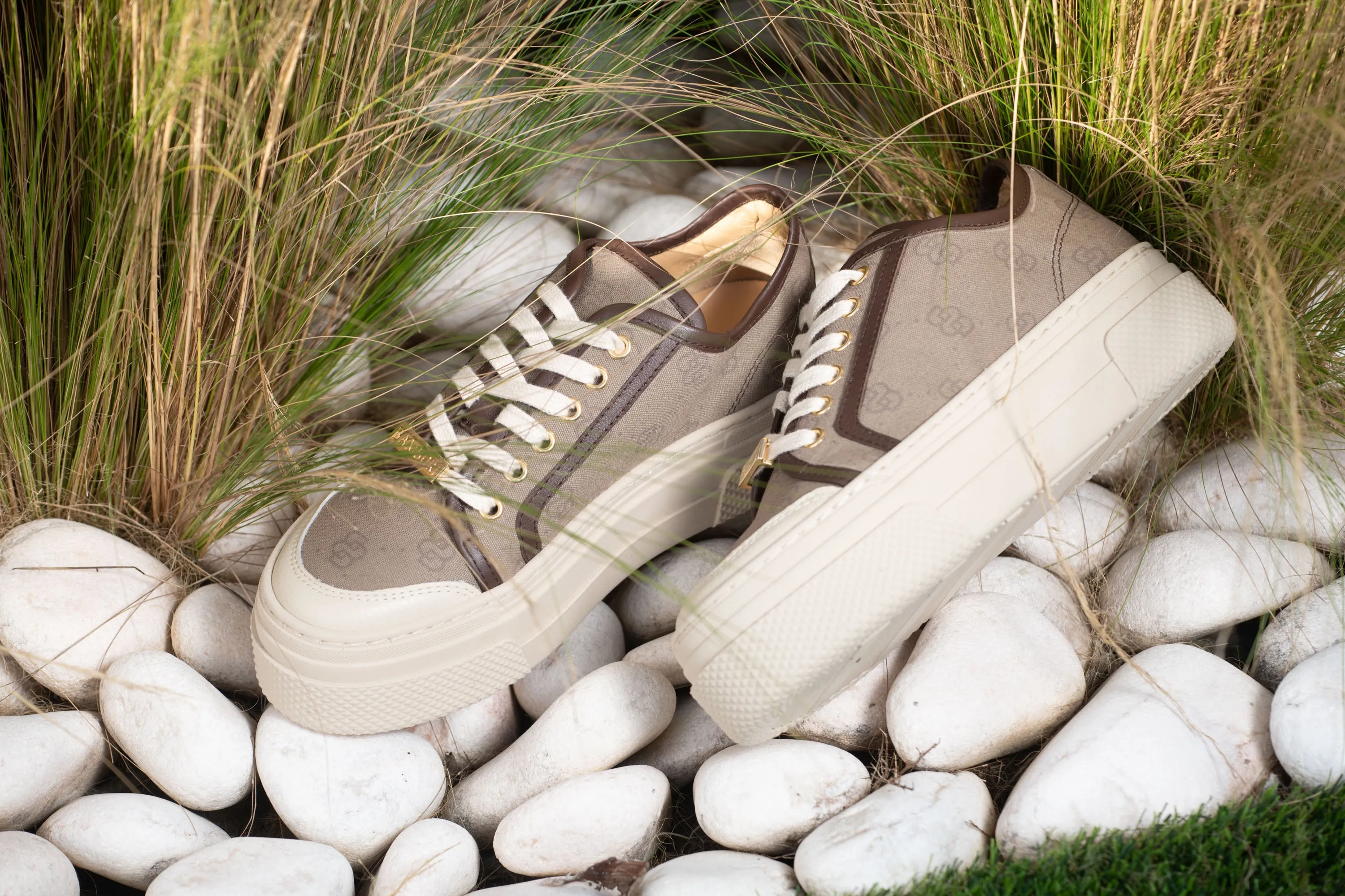 Leather and Fabric Sneakers with Monogram and Platform Sole