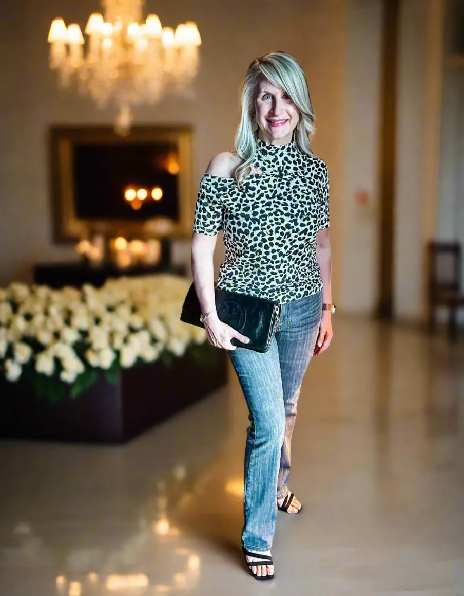 Leopard Asymmetrical Cold Shoulder Top