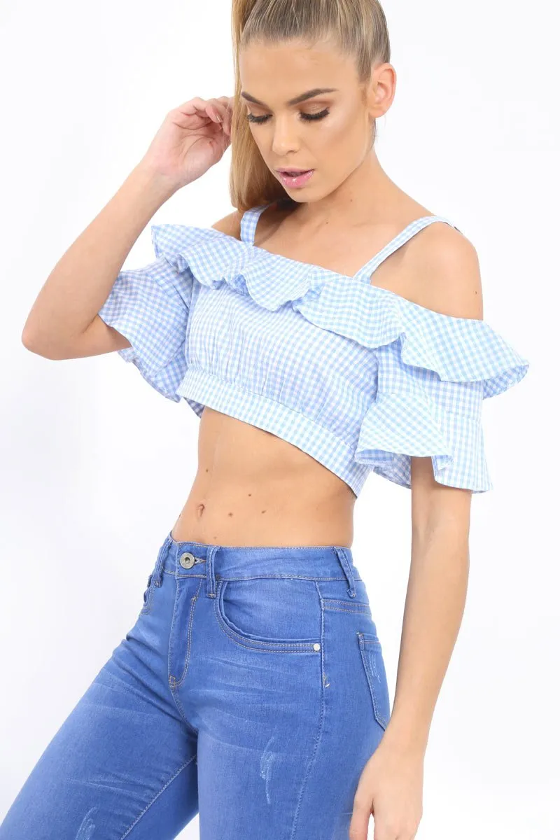 Light Blue Gingham Cold Shoulder Frill Crop Top - Lant