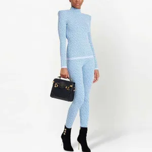 Light Blue Long Sleeves Ribbed Pantsuits Two Piece Sets