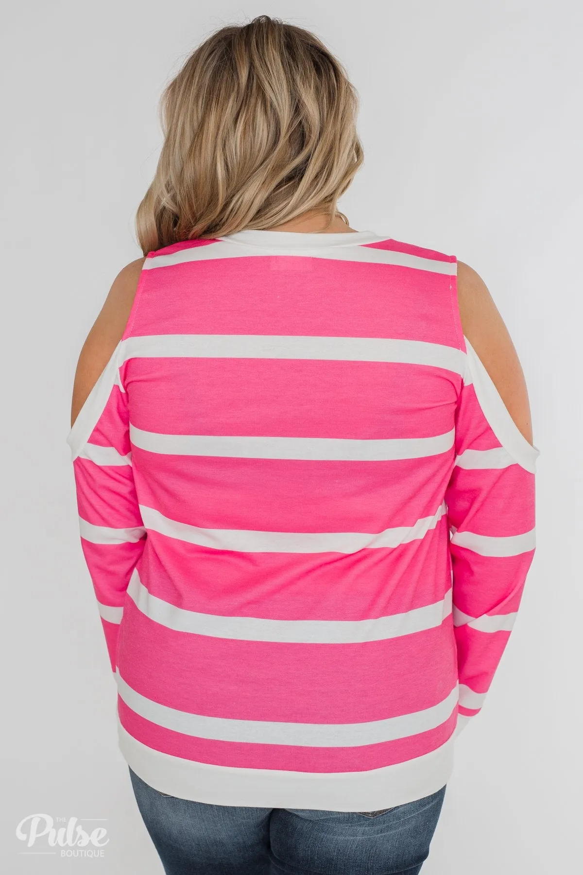 Light Up My World Striped Cold Shoulder Top- Hot Pink