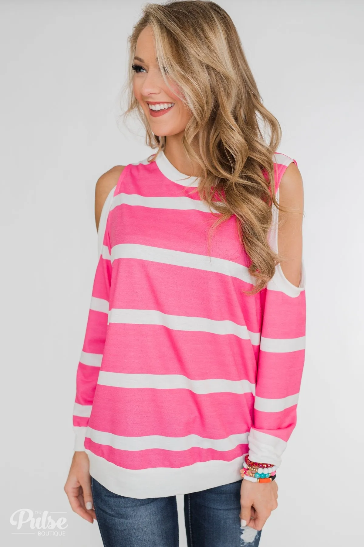 Light Up My World Striped Cold Shoulder Top- Hot Pink