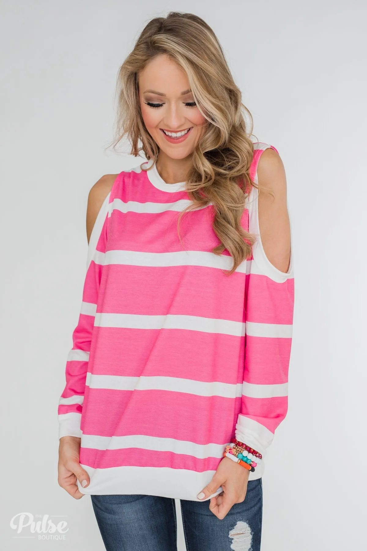Light Up My World Striped Cold Shoulder Top- Hot Pink