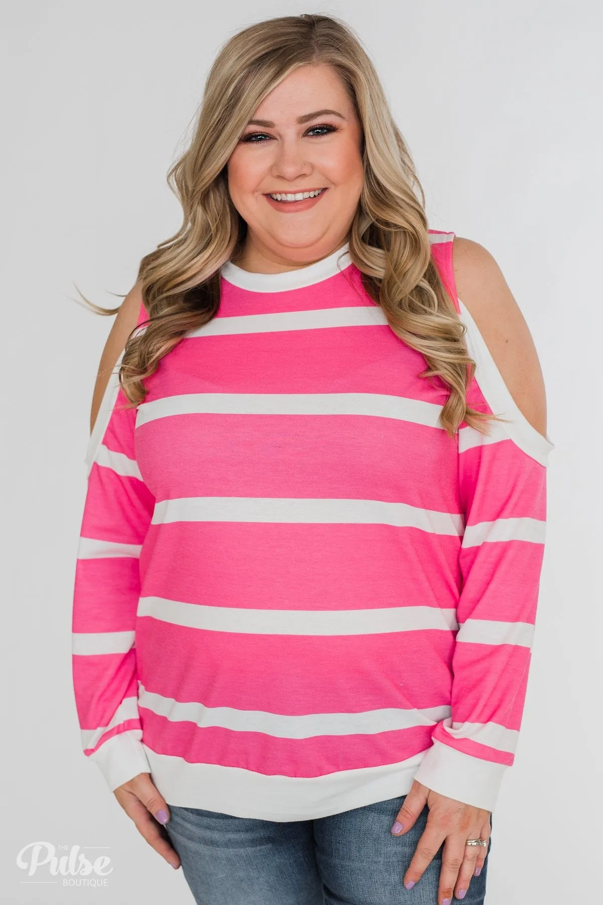 Light Up My World Striped Cold Shoulder Top- Hot Pink