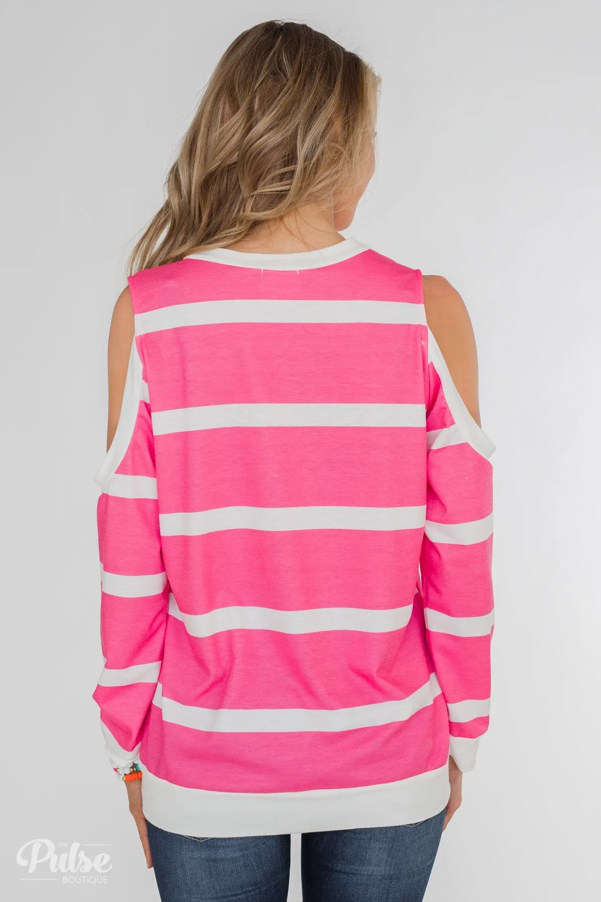 Light Up My World Striped Cold Shoulder Top- Hot Pink