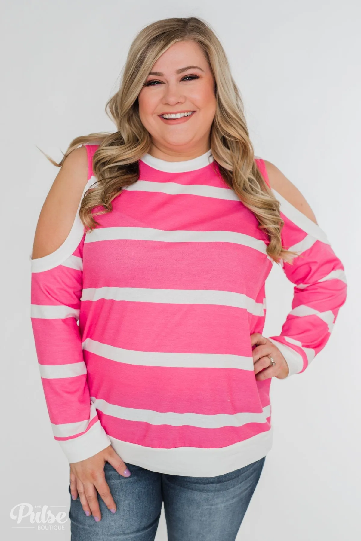 Light Up My World Striped Cold Shoulder Top- Hot Pink