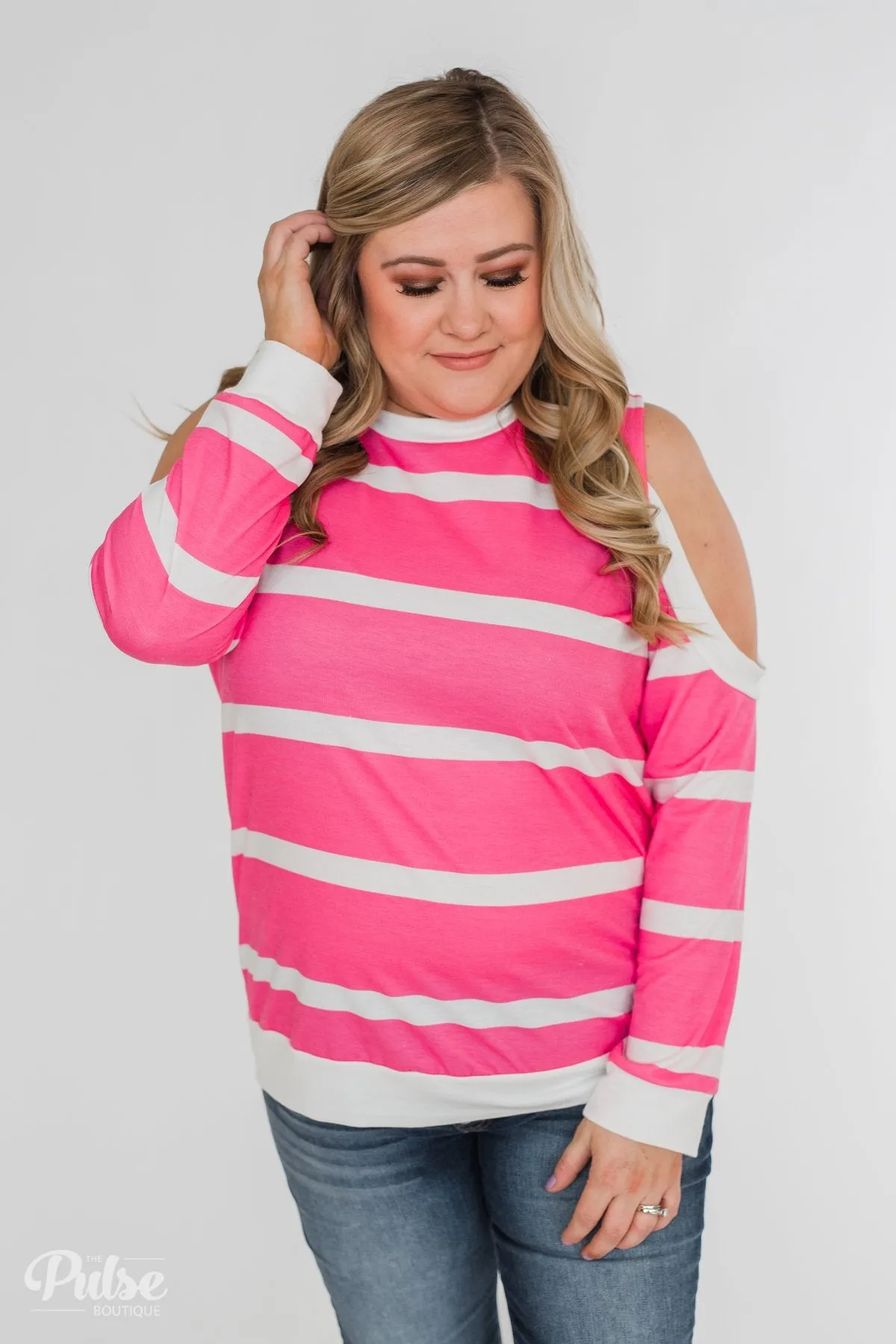 Light Up My World Striped Cold Shoulder Top- Hot Pink