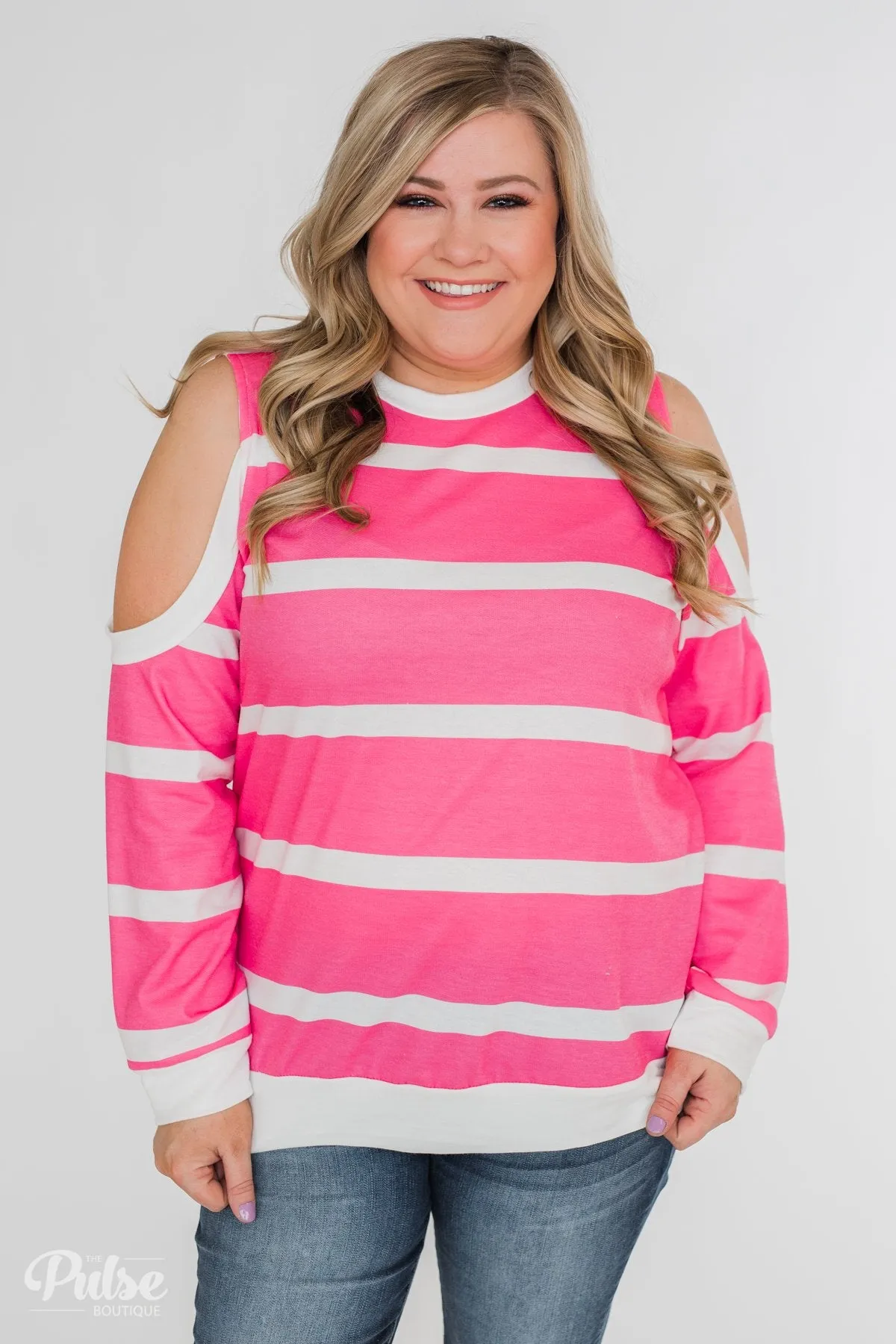Light Up My World Striped Cold Shoulder Top- Hot Pink