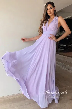 Lilac Chiffon A-line V-neck Floor-length Simple Bridesmaid Dresses, MBD243