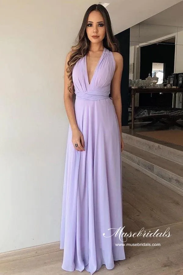 Lilac Chiffon A-line V-neck Floor-length Simple Bridesmaid Dresses, MBD243