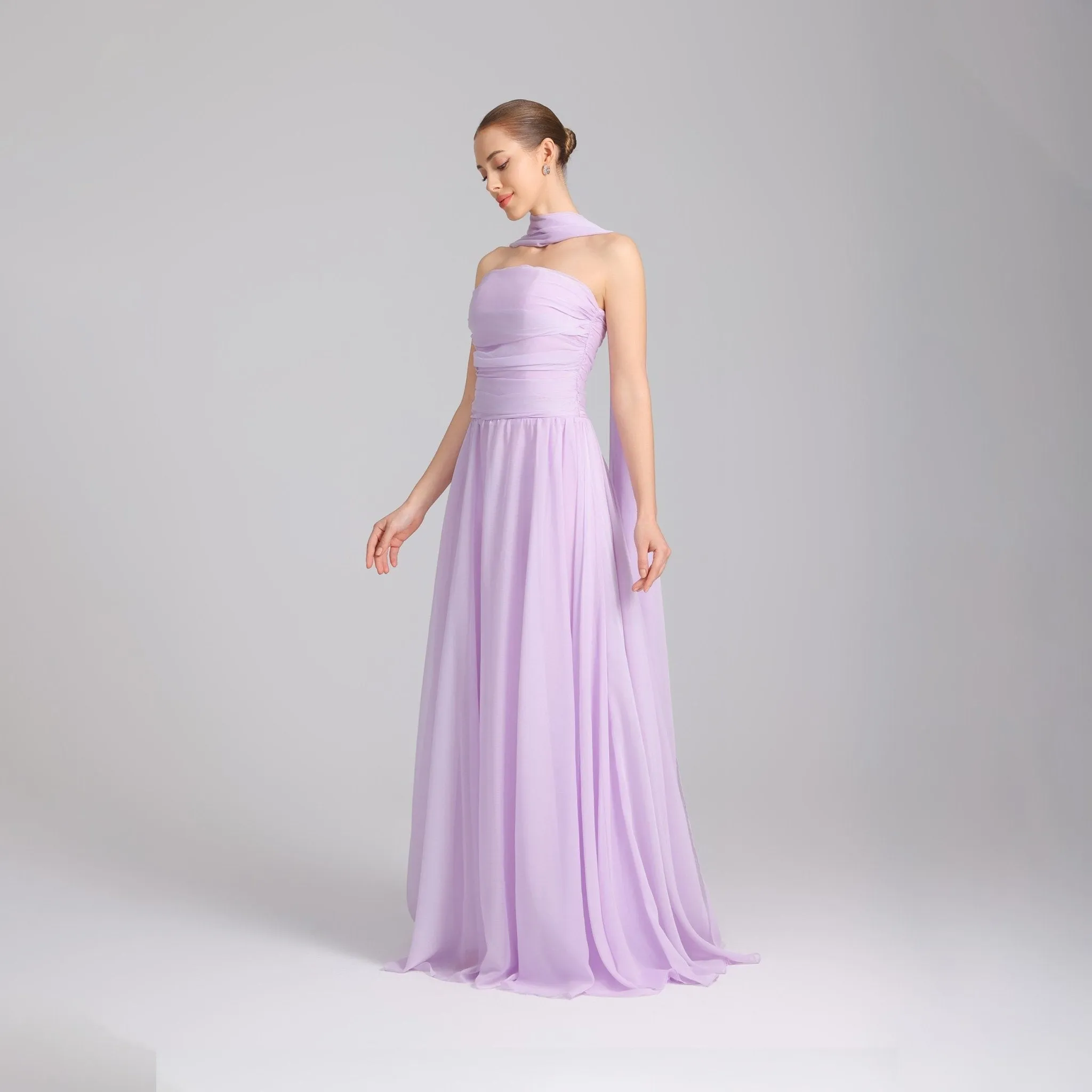 Lilac Strapless Chiffon Gown With Pleats