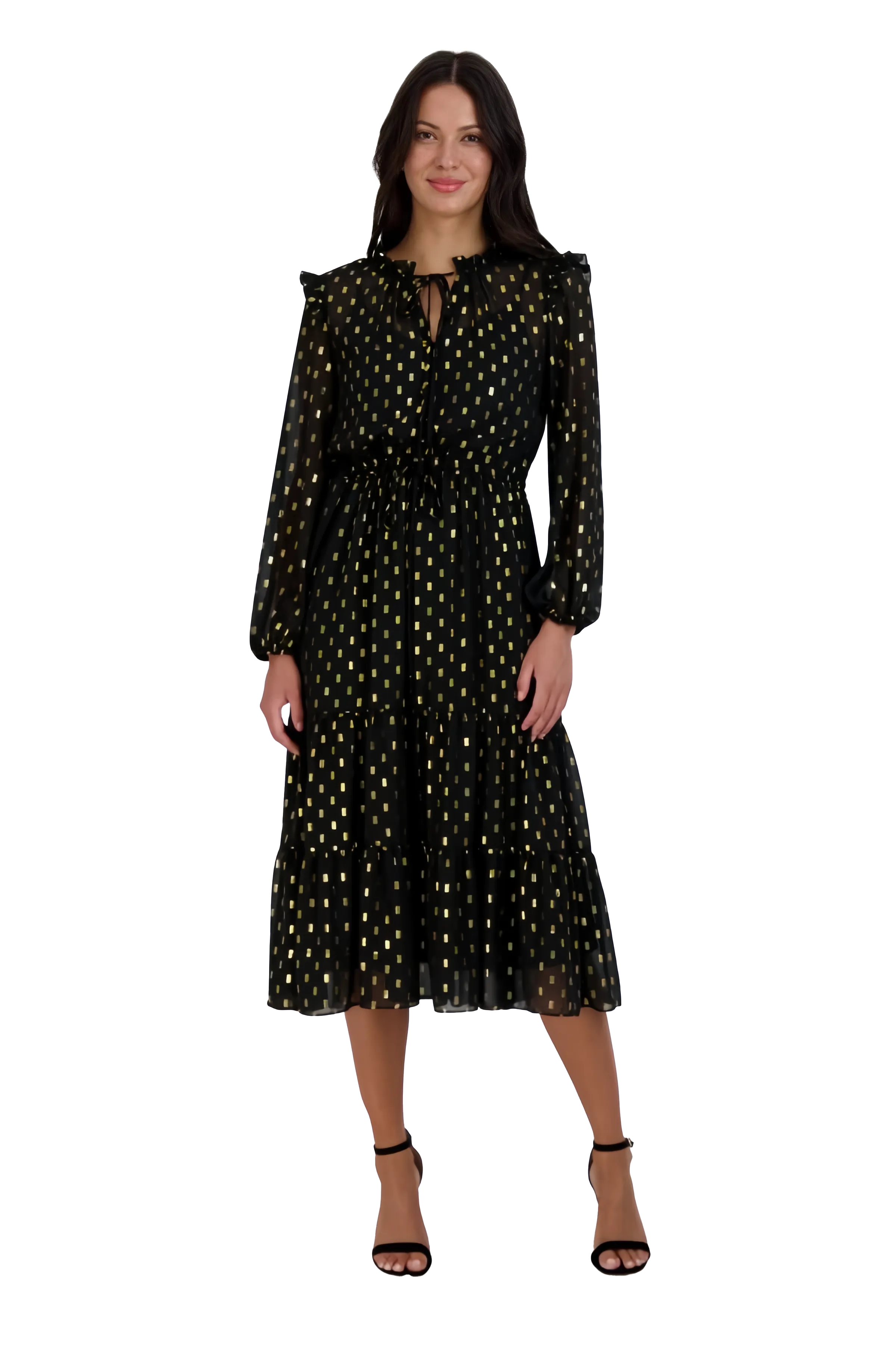 Long Sleeve Ruffle Drawstring Midi Dress
