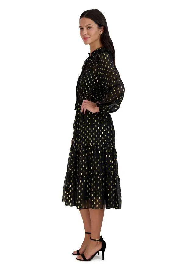 Long Sleeve Ruffle Drawstring Midi Dress