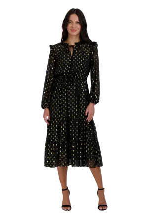 Long Sleeve Ruffle Drawstring Midi Dress