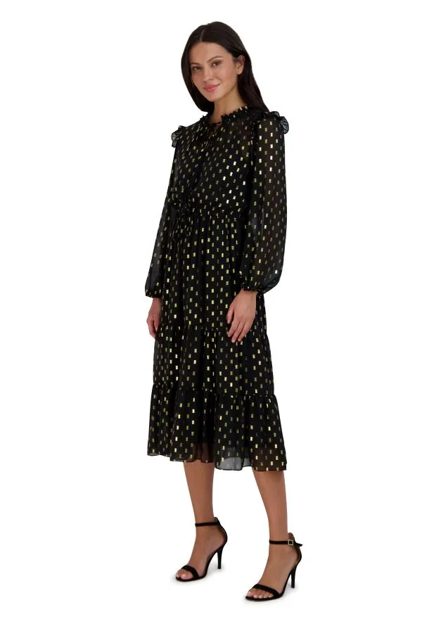 Long Sleeve Ruffle Drawstring Midi Dress
