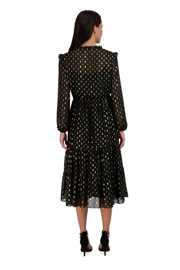 Long Sleeve Ruffle Drawstring Midi Dress
