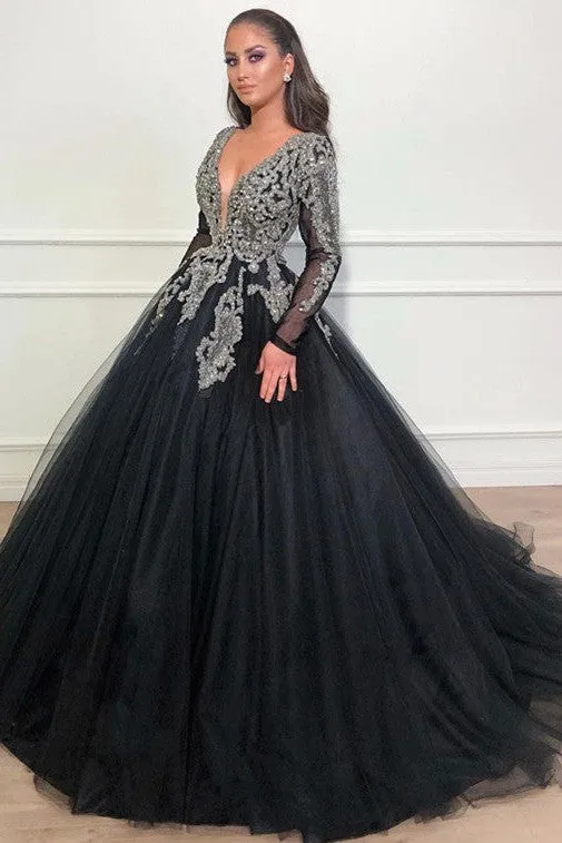 Long Sleeves Ball Gown Prom Dress Sequins Black V-Neck Long Tulle