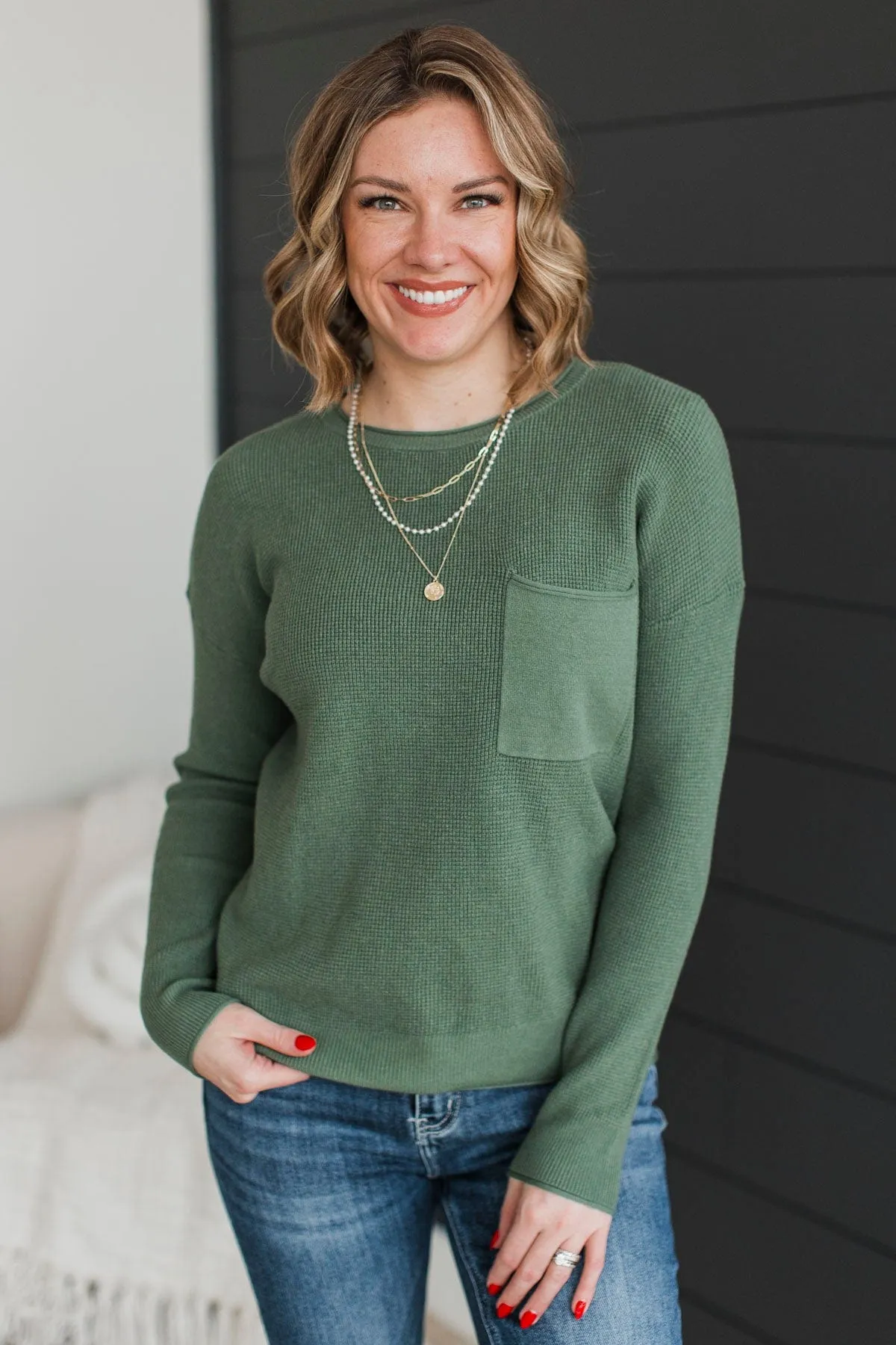 Lost In Your Smile Knit Sweater- Kale