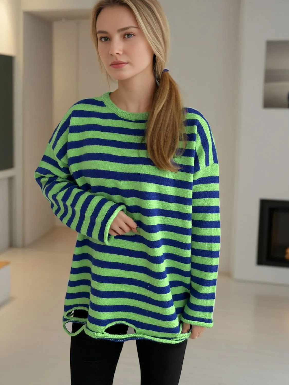 Luna Distressed Striped Round Neck Long Sleeve Sweater
