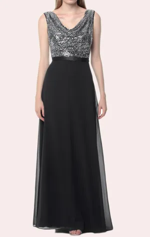 MACloth Cowl Neck Sequin Chiffon Long Bridesmaid Dress Black Formal Gown