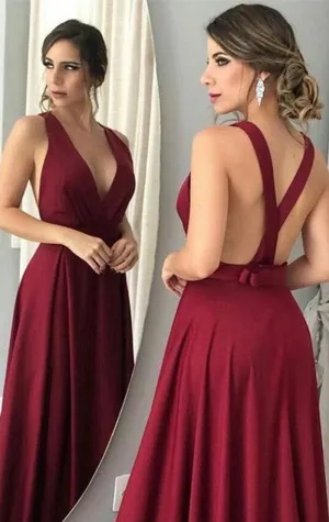 MACloth Deep V Neck Sexy Long Prom Dress Burgundy Chiffon Formal Evening Gown 10806