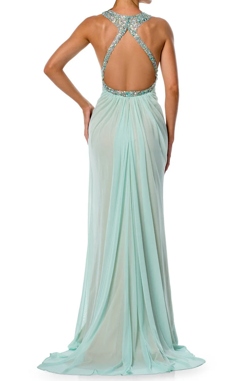 MACloth Halter Crystals Chiffon Long Prom Dress Aqua Formal Evening Gown