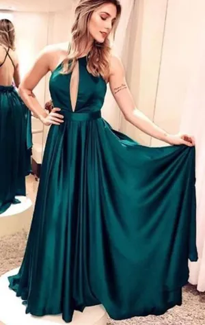MACloth Halter Sexy Teal Long Prom Dress Satin Chiffon Formal Evening Gown