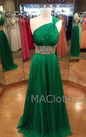 MACloth One Shoulder A Line Long Chiffon Green Prom Dress Evening Gown Wedding Party Formal Dresses