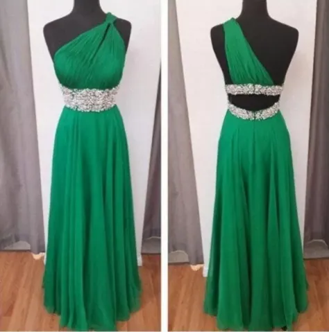 MACloth One Shoulder A Line Long Chiffon Green Prom Dress Evening Gown Wedding Party Formal Dresses