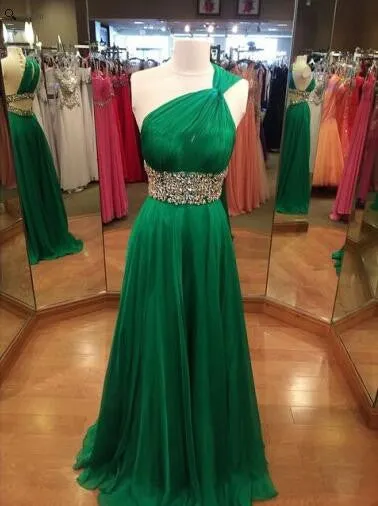 MACloth One Shoulder A Line Long Chiffon Green Prom Dress Evening Gown Wedding Party Formal Dresses