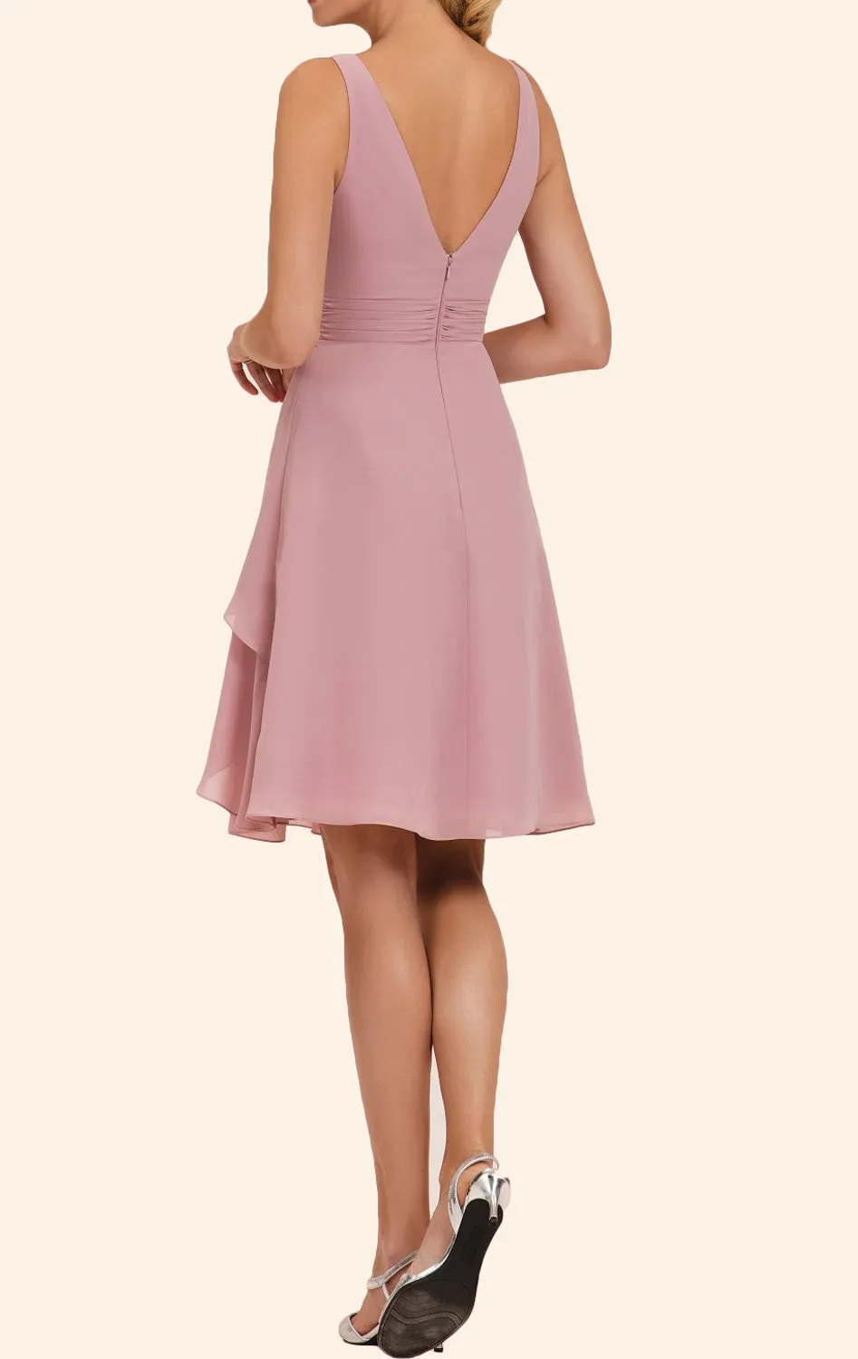 MACloth Straps V Neck Chiffon Short Bridesmaid Dress Pearl Pink Wedding Party Formal Gown