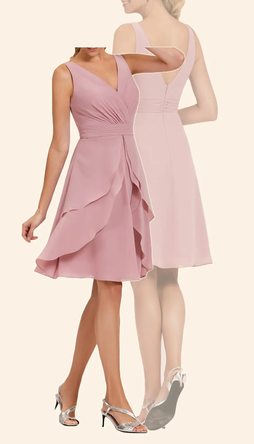 MACloth Straps V Neck Chiffon Short Bridesmaid Dress Pearl Pink Wedding Party Formal Gown