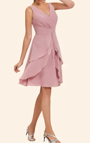 MACloth Straps V Neck Chiffon Short Bridesmaid Dress Pearl Pink Wedding Party Formal Gown