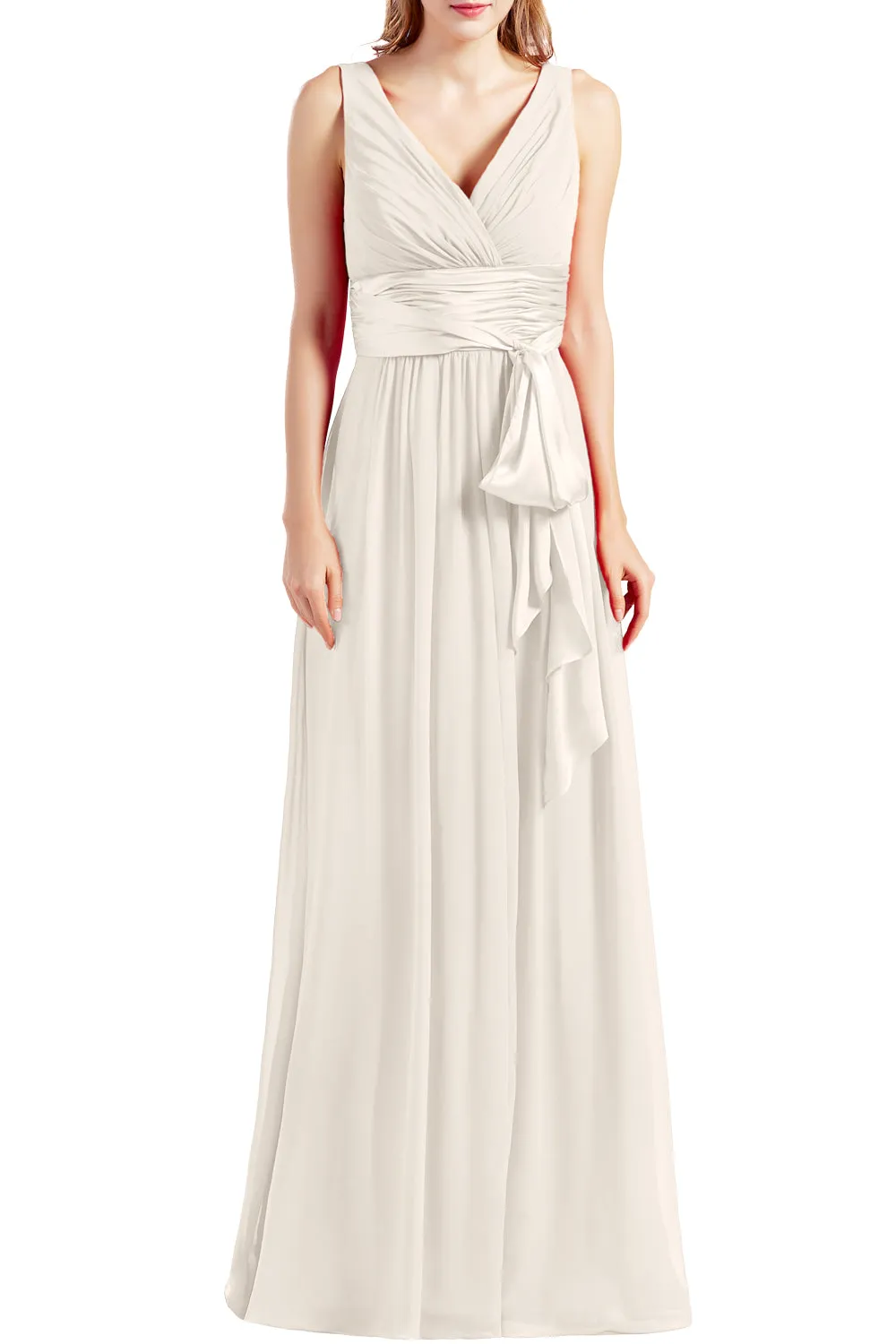 MACloth Women Sleeveless V Neck Long Bridesmaid Dress Chiffon Prom Evening Gown