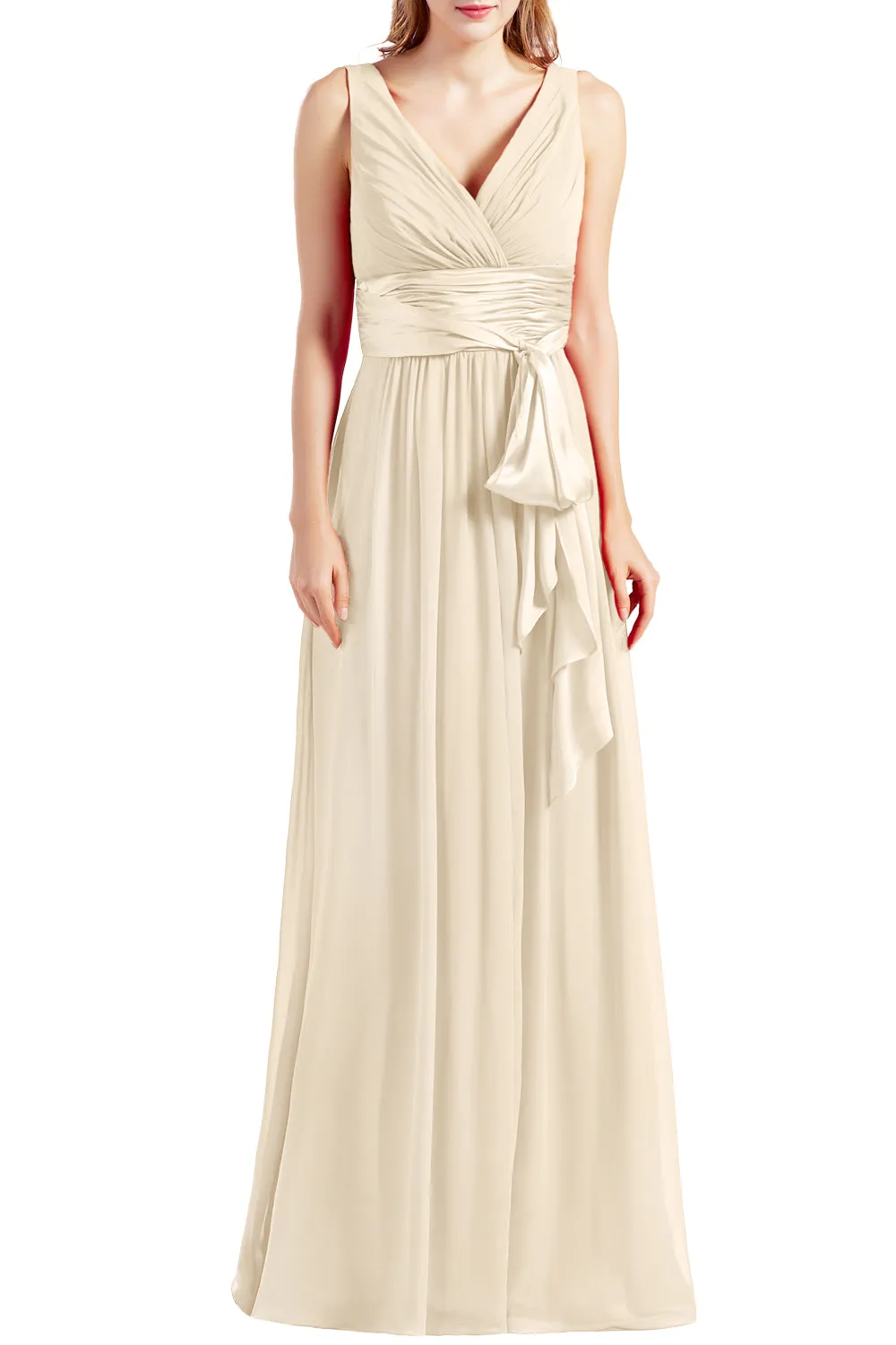MACloth Women Sleeveless V Neck Long Bridesmaid Dress Chiffon Prom Evening Gown