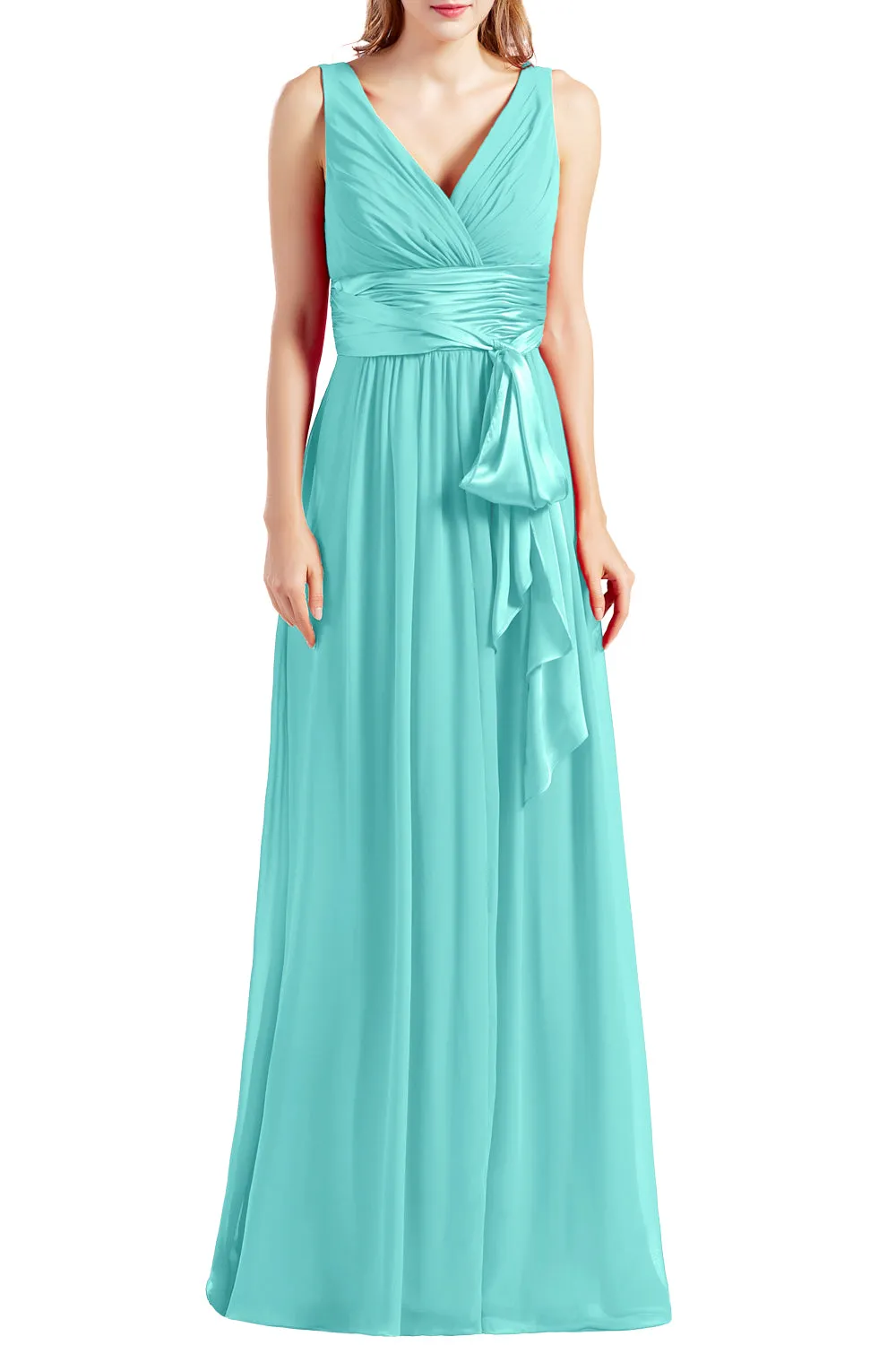 MACloth Women Sleeveless V Neck Long Bridesmaid Dress Chiffon Prom Evening Gown