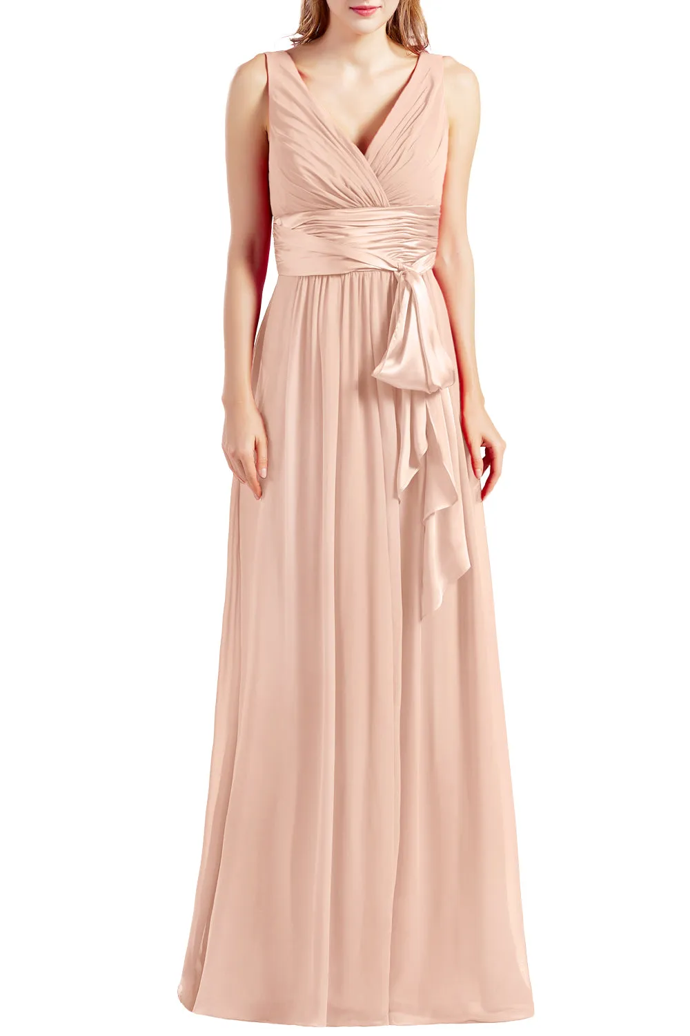 MACloth Women Sleeveless V Neck Long Bridesmaid Dress Chiffon Prom Evening Gown