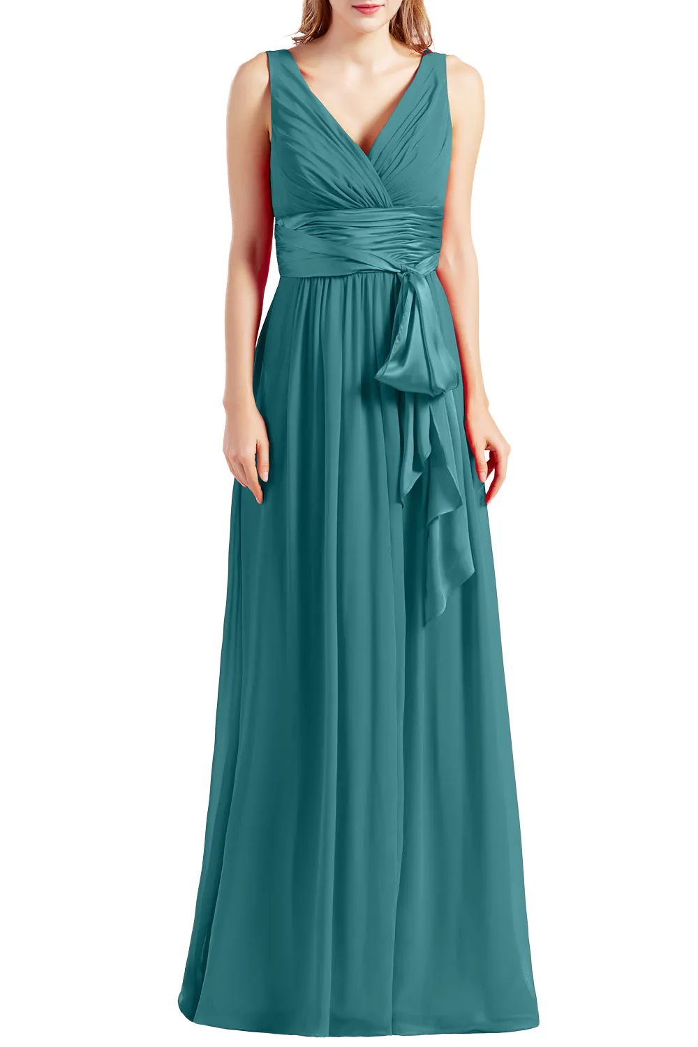 MACloth Women Sleeveless V Neck Long Bridesmaid Dress Chiffon Prom Evening Gown