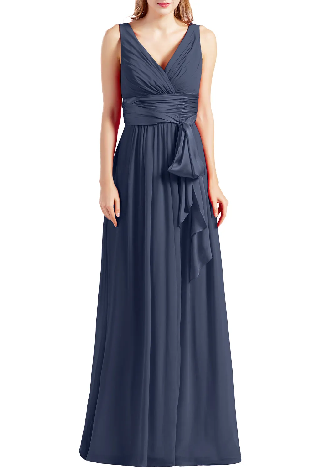 MACloth Women Sleeveless V Neck Long Bridesmaid Dress Chiffon Prom Evening Gown