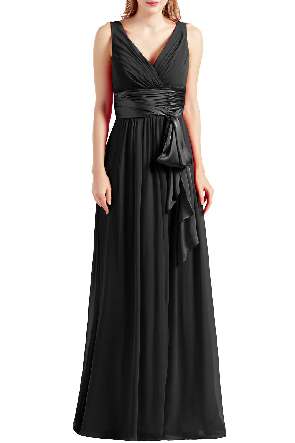 MACloth Women Sleeveless V Neck Long Bridesmaid Dress Chiffon Prom Evening Gown