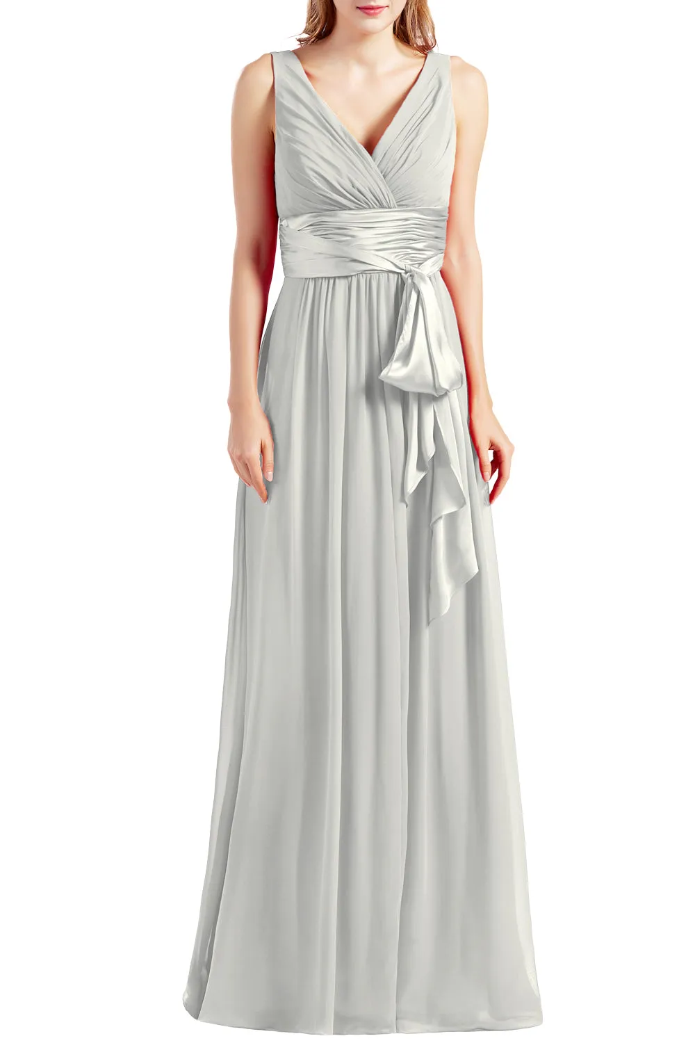 MACloth Women Sleeveless V Neck Long Bridesmaid Dress Chiffon Prom Evening Gown