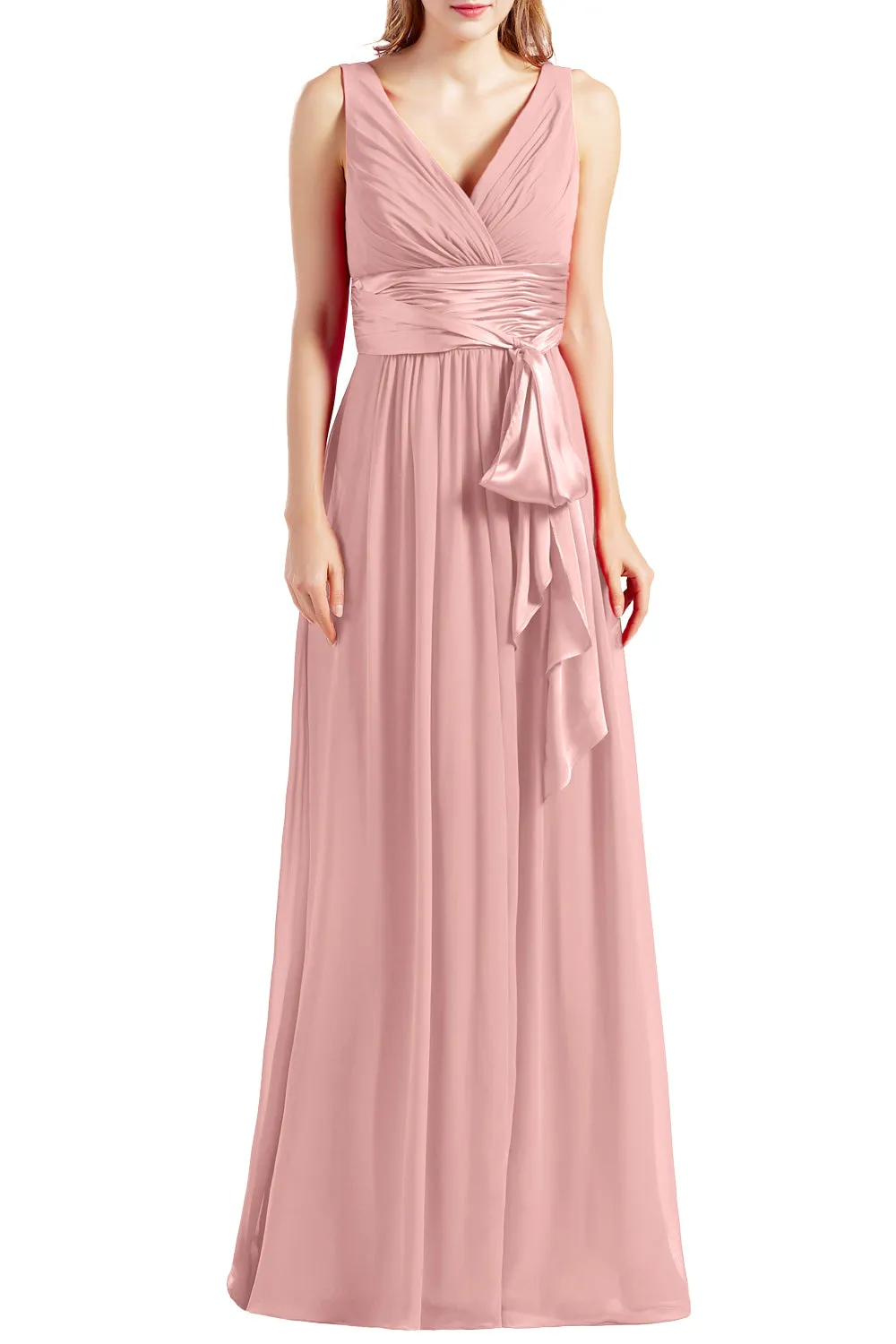 MACloth Women Sleeveless V Neck Long Bridesmaid Dress Chiffon Prom Evening Gown
